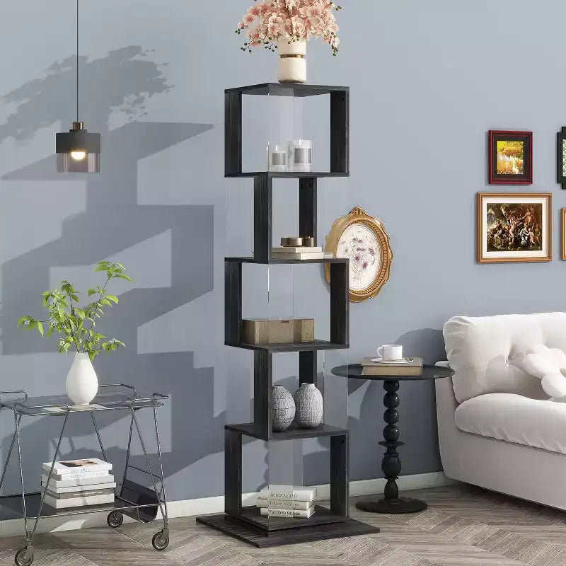 6-Tier 360 Rotating Bookcase, Narrow Wood Shelf with Acrylic Panels, Floor Organizer for Bedroom, Living Room, Study
