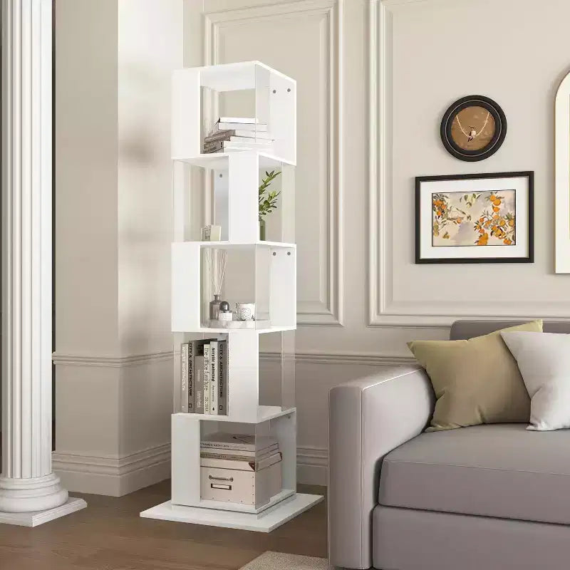 6-Tier 360 Rotating Bookcase, Narrow Wood Shelf with Acrylic Panels, Floor Organizer for Bedroom, Living Room, Study