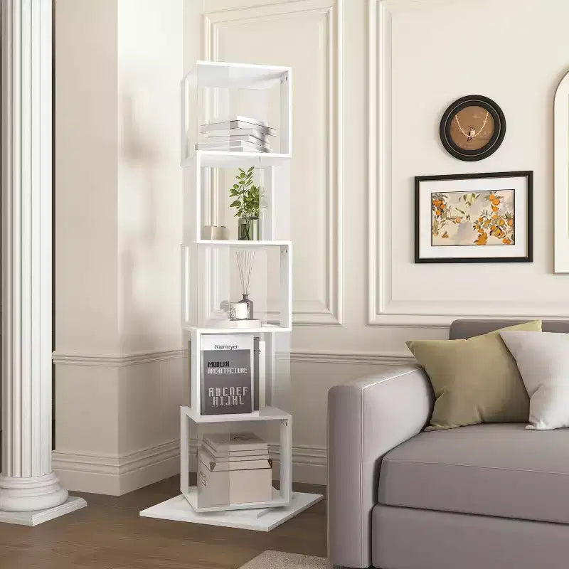 6-Tier 360 Rotating Bookcase, Narrow Wood Shelf with Acrylic Panels, Floor Organizer for Bedroom, Living Room, Study