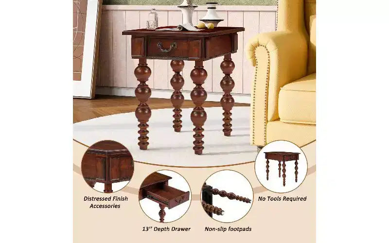 TUYOHW Farmhouse End Table with Drawer & Bubble Design Spindles, Living Room Side Table with Waterproof Acacia Wood Veneer Top, Vintage Nightstand