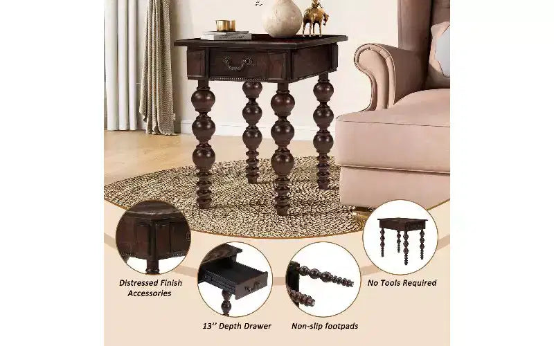 TUYOHW Farmhouse End Table with Drawer & Bubble Design Spindles, Living Room Side Table with Waterproof Acacia Wood Veneer Top, Vintage Nightstand