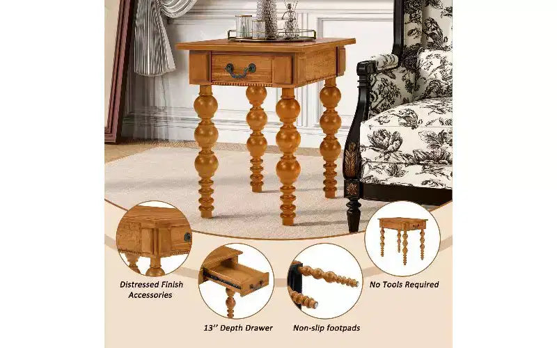 TUYOHW Farmhouse End Table with Drawer & Bubble Design Spindles, Living Room Side Table with Waterproof Acacia Wood Veneer Top, Vintage Nightstand