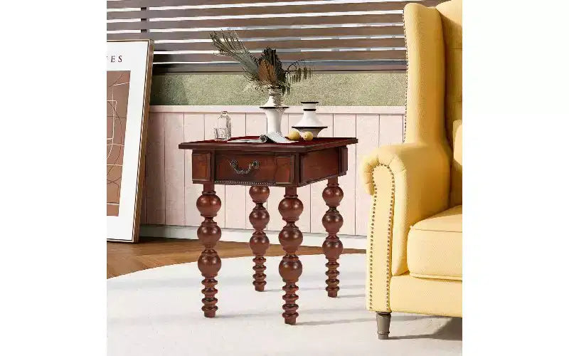 TUYOHW Farmhouse End Table with Drawer & Bubble Design Spindles, Living Room Side Table with Waterproof Acacia Wood Veneer Top, Vintage Nightstand