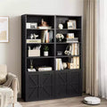 2-Pack Tall 4-Tier Wooden Bookcases with Double Doors & 4 Open Shelves, Floor Standing Display Cabinets for Home Office Library, Black