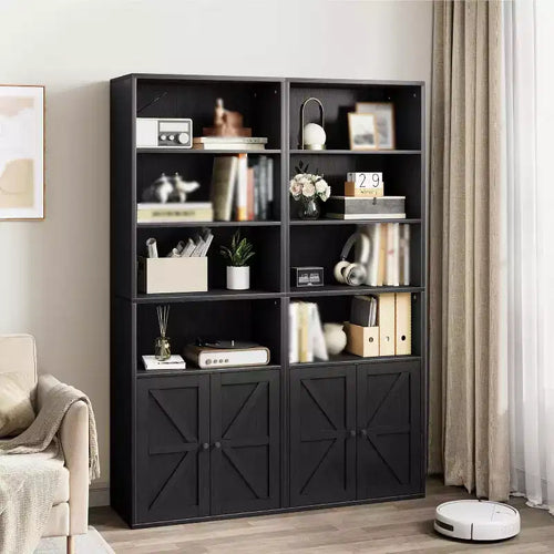 2-Pack Tall 4-Tier Wooden Bookcases with Double Doors & 4 Open Shelves, Floor Standing Display Cabinets for Home Office Library, Black