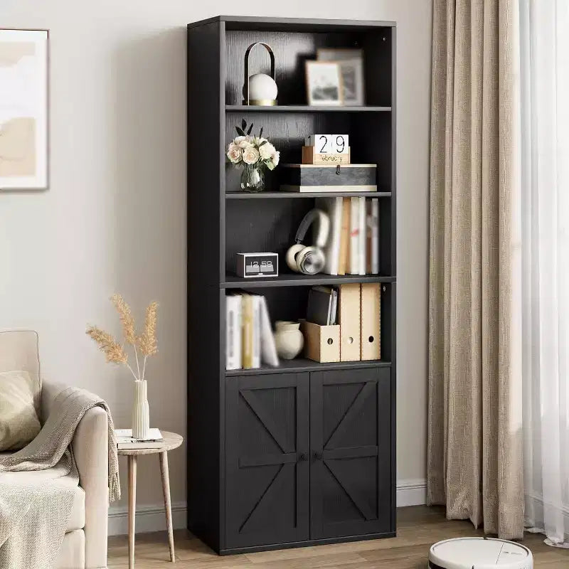 2-Pack Tall 4-Tier Wooden Bookcases with Double Doors & 4 Open Shelves, Floor Standing Display Cabinets for Home Office Library, Black