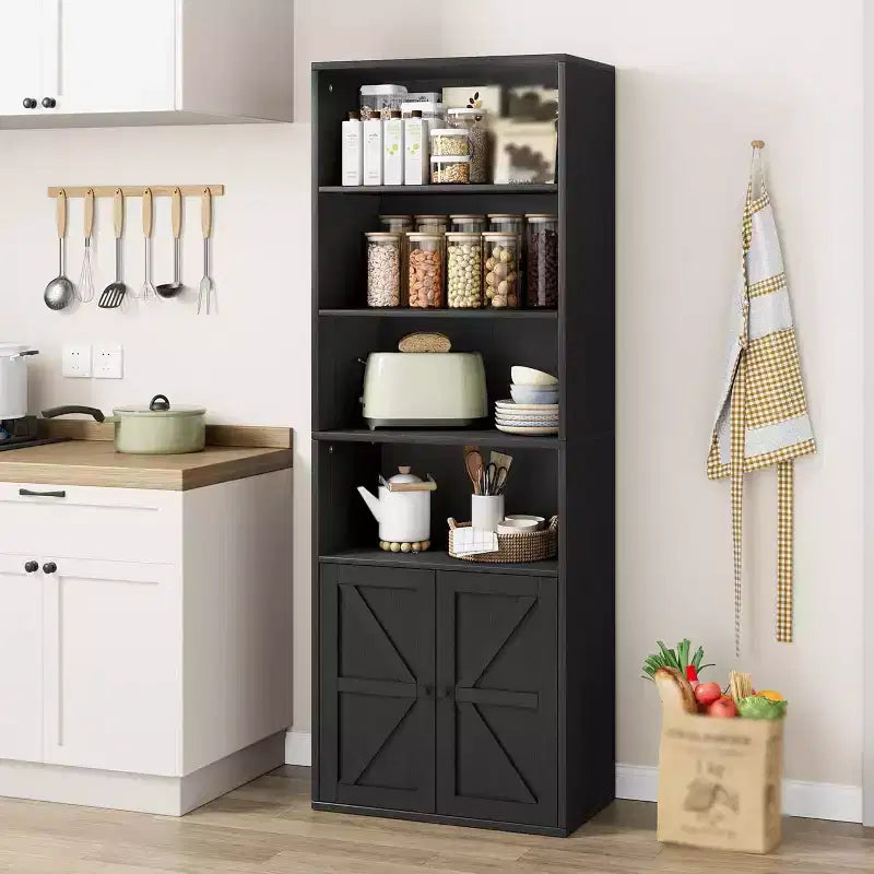 2-Pack Tall 4-Tier Wooden Bookcases with Double Doors & 4 Open Shelves, Floor Standing Display Cabinets for Home Office Library, Black