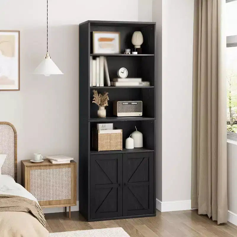 2-Pack Tall 4-Tier Wooden Bookcases with Double Doors & 4 Open Shelves, Floor Standing Display Cabinets for Home Office Library, Black