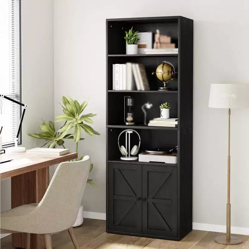 2-Pack Tall 4-Tier Wooden Bookcases with Double Doors & 4 Open Shelves, Floor Standing Display Cabinets for Home Office Library, Black