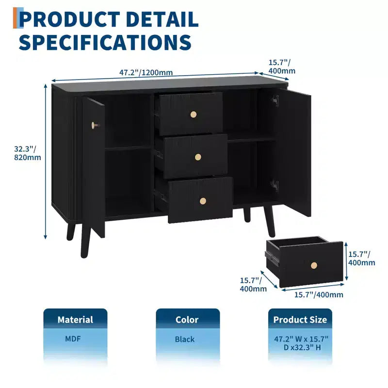 47 in Modern Fluted Sideboard Buffet Cabinet with 3 Drawers, Slim Kitchen Storage Cabinet, Wood Coffee Bar Station for Dining Room Living Room