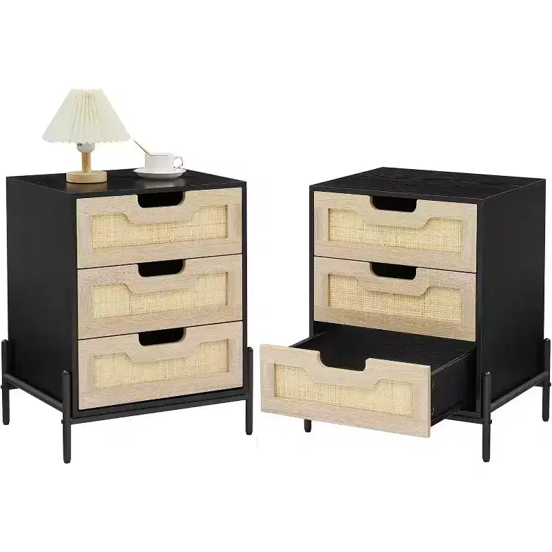 Nightstand, Rattan Nightstand, Boho Cabinet with 3 Drawers, Bedside Table for Bedroom, Rattan Cabinet, Living Room, Natural, 2 Pack