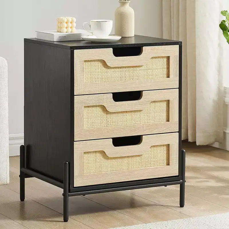 Nightstand, Rattan Nightstand, Boho Cabinet with 3 Drawers, Bedside Table for Bedroom, Rattan Cabinet, Living Room, Natural, 2 Pack