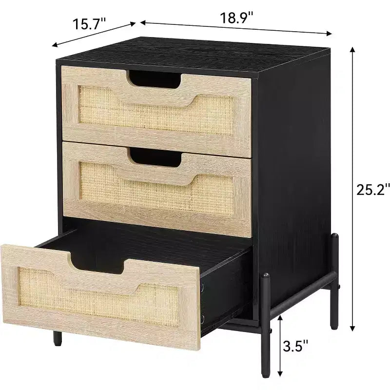 Nightstand, Rattan Nightstand, Boho Cabinet with 3 Drawers, Bedside Table for Bedroom, Rattan Cabinet, Living Room, Natural, 2 Pack