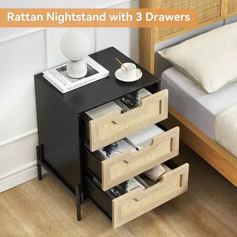Nightstand, Rattan Nightstand, Boho Cabinet with 3 Drawers, Bedside Table for Bedroom, Rattan Cabinet, Living Room, Natural, 2 Pack