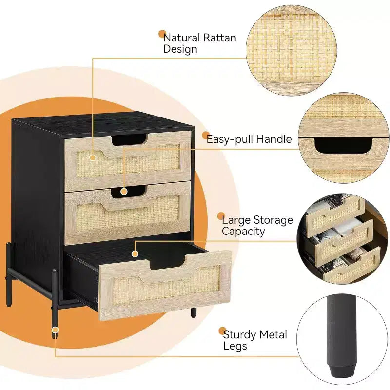 Nightstand, Rattan Nightstand, Boho Cabinet with 3 Drawers, Bedside Table for Bedroom, Rattan Cabinet, Living Room, Natural, 2 Pack