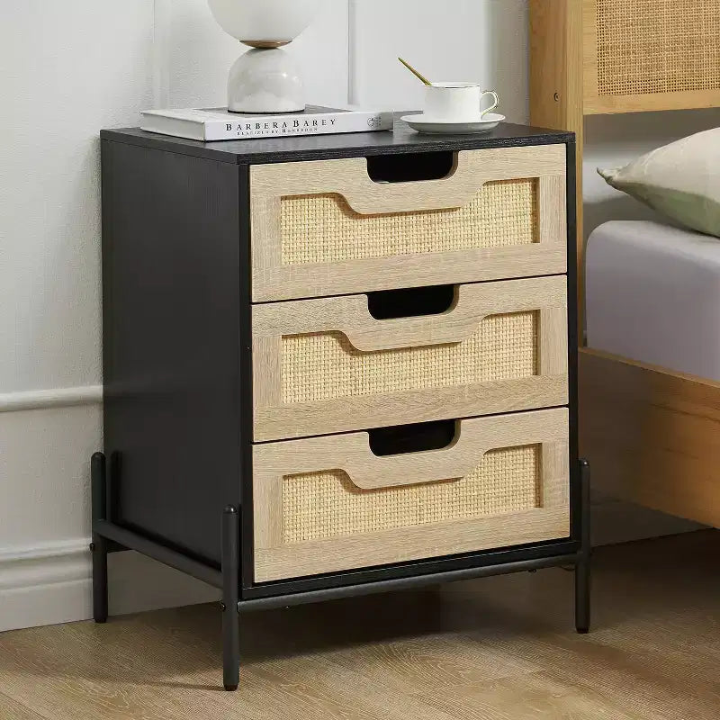Nightstand, Rattan Nightstand, Boho Cabinet with 3 Drawers, Bedside Table for Bedroom, Rattan Cabinet, Living Room, Natural, 2 Pack