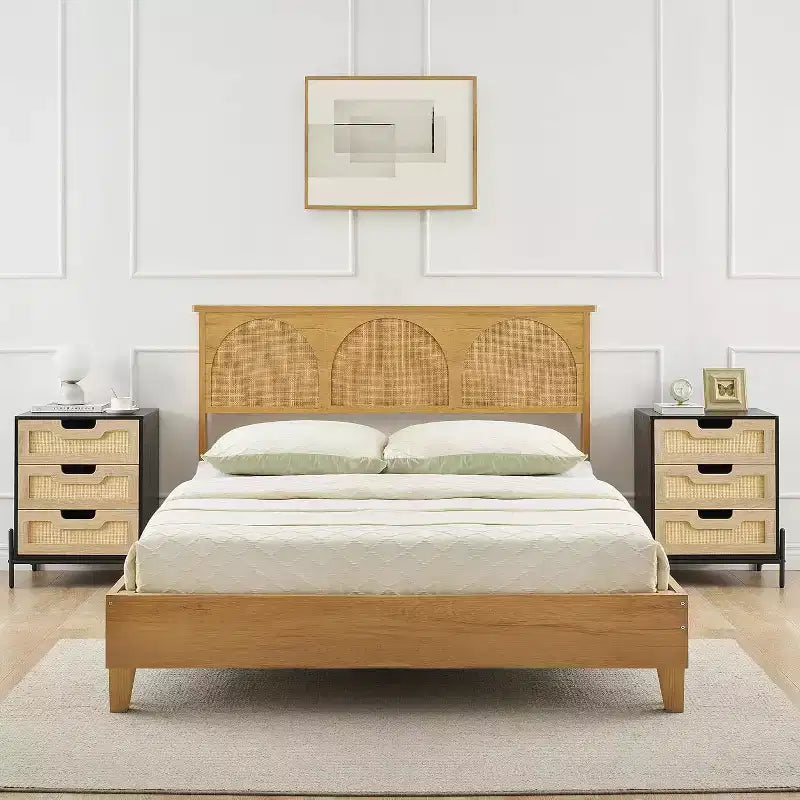 Nightstand, Rattan Nightstand, Boho Cabinet with 3 Drawers, Bedside Table for Bedroom, Rattan Cabinet, Living Room, Natural, 2 Pack
