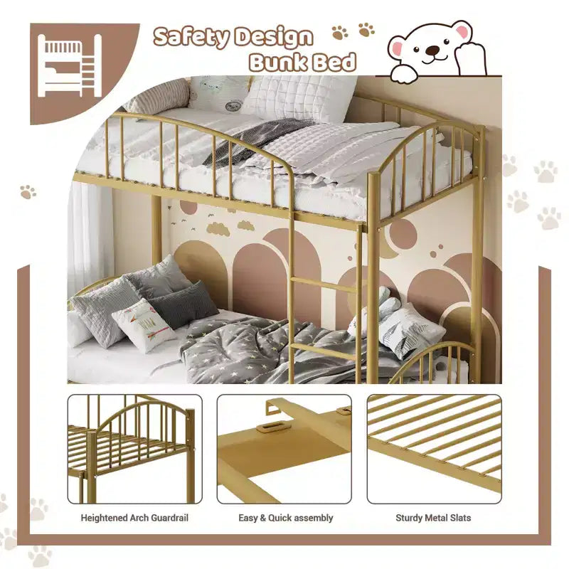 Metal Bunk Bed Twin Over Twin, Heavy Duty Bunkbeds Frame with Arched Guardrail and Safety Ladder, Steel Bed for Kids , No Box Spring Needed, Pink