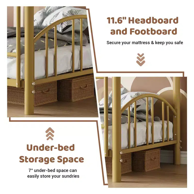 Metal Bunk Bed Twin Over Twin, Heavy Duty Bunkbeds Frame with Arched Guardrail and Safety Ladder, Steel Bed for Kids , No Box Spring Needed, Pink