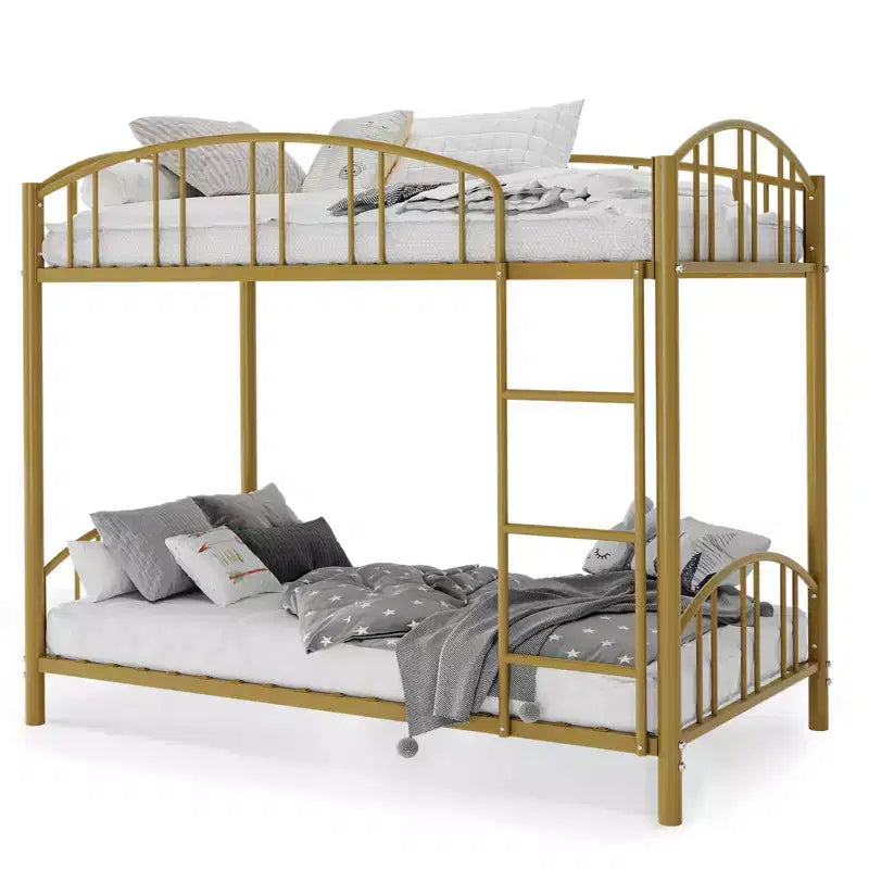 Metal Bunk Bed Twin Over Twin, Heavy Duty Bunkbeds Frame with Arched Guardrail and Safety Ladder, Steel Bed for Kids , No Box Spring Needed, Pink