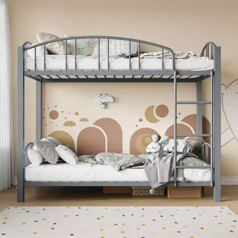 Metal Bunk Bed Twin Over Twin, Heavy Duty Bunkbeds Frame with Arched Guardrail and Safety Ladder, Steel Bed for Kids , No Box Spring Needed, Pink