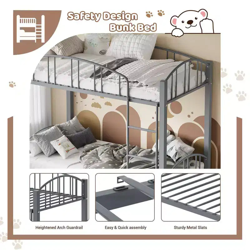 Metal Bunk Bed Twin Over Twin, Heavy Duty Bunkbeds Frame with Arched Guardrail and Safety Ladder, Steel Bed for Kids , No Box Spring Needed, Pink