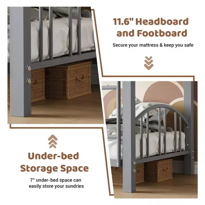 Metal Bunk Bed Twin Over Twin, Heavy Duty Bunkbeds Frame with Arched Guardrail and Safety Ladder, Steel Bed for Kids , No Box Spring Needed, Pink