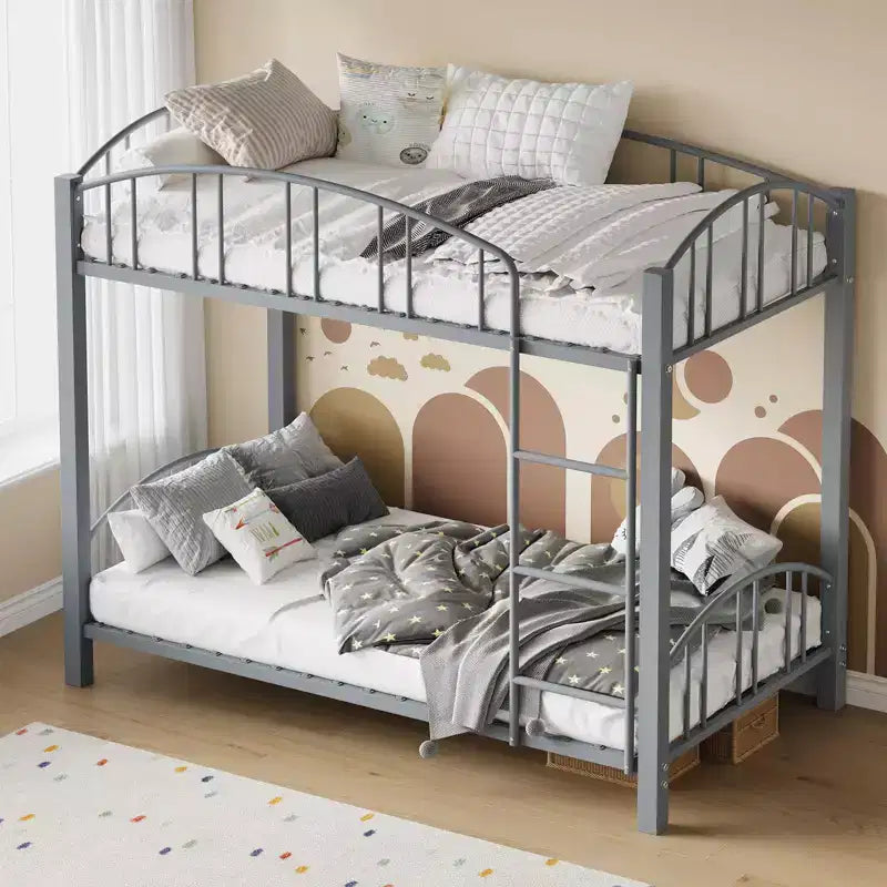 Metal Bunk Bed Twin Over Twin, Heavy Duty Bunkbeds Frame with Arched Guardrail and Safety Ladder, Steel Bed for Kids , No Box Spring Needed, Pink