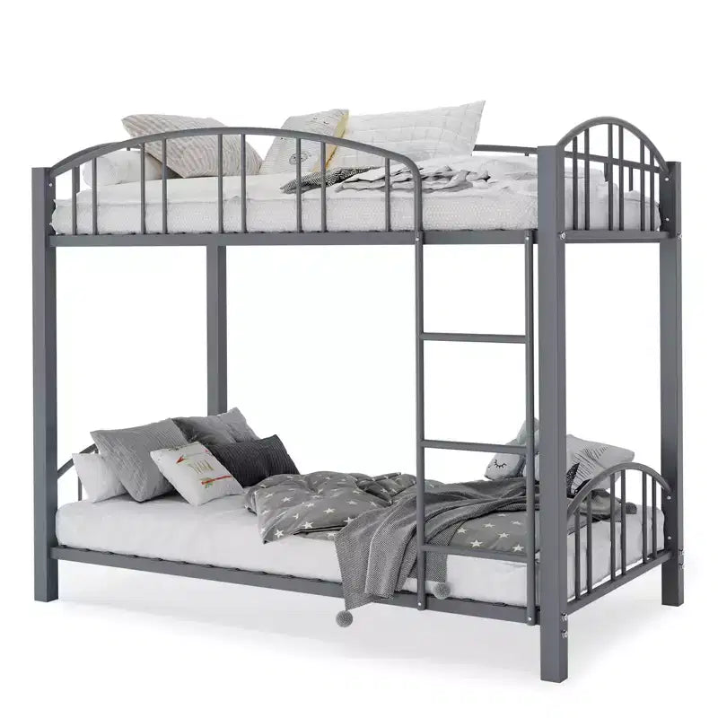 Metal Bunk Bed Twin Over Twin, Heavy Duty Bunkbeds Frame with Arched Guardrail and Safety Ladder, Steel Bed for Kids , No Box Spring Needed, Pink