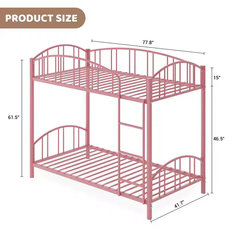 Metal Bunk Bed Twin Over Twin, Heavy Duty Bunkbeds Frame with Arched Guardrail and Safety Ladder, Steel Bed for Kids , No Box Spring Needed, Pink