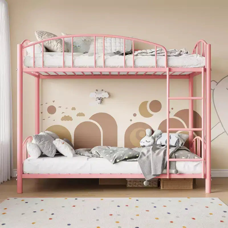 Metal Bunk Bed Twin Over Twin, Heavy Duty Bunkbeds Frame with Arched Guardrail and Safety Ladder, Steel Bed for Kids , No Box Spring Needed, Pink