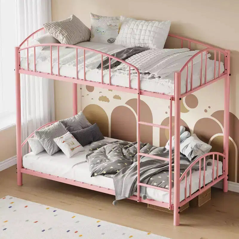 Metal Bunk Bed Twin Over Twin, Heavy Duty Bunkbeds Frame with Arched Guardrail and Safety Ladder, Steel Bed for Kids , No Box Spring Needed, Pink