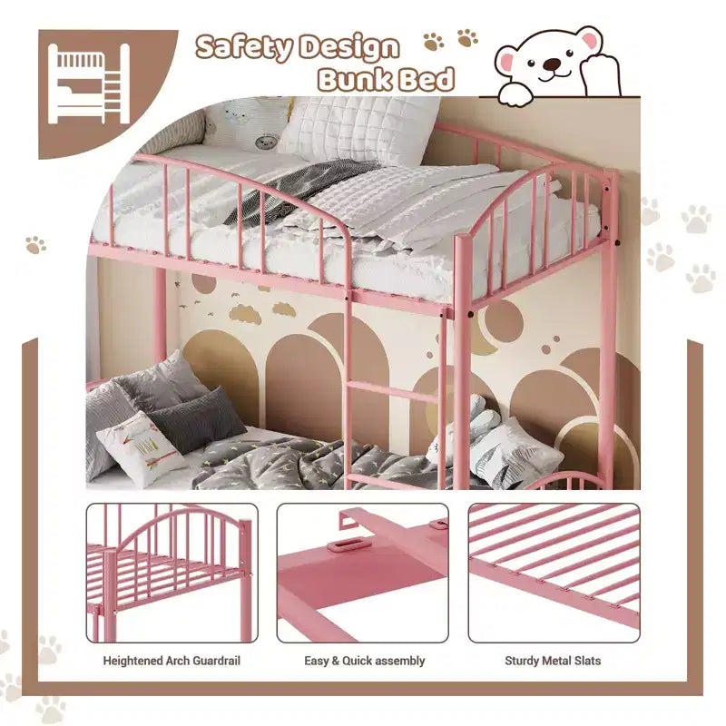 Metal Bunk Bed Twin Over Twin, Heavy Duty Bunkbeds Frame with Arched Guardrail and Safety Ladder, Steel Bed for Kids , No Box Spring Needed, Pink