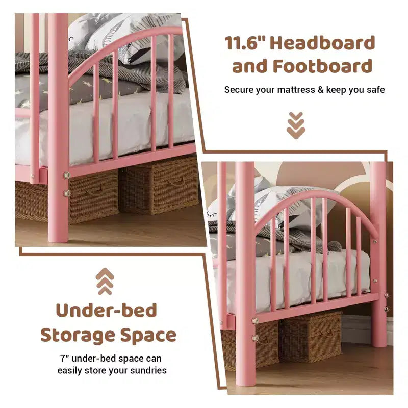 Metal Bunk Bed Twin Over Twin, Heavy Duty Bunkbeds Frame with Arched Guardrail and Safety Ladder, Steel Bed for Kids , No Box Spring Needed, Pink
