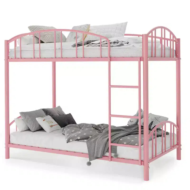 Metal Bunk Bed Twin Over Twin, Heavy Duty Bunkbeds Frame with Arched Guardrail and Safety Ladder, Steel Bed for Kids , No Box Spring Needed, Pink