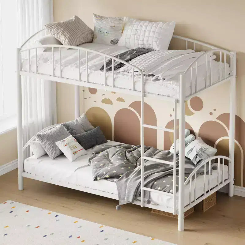 Metal Bunk Bed Twin Over Twin, Heavy Duty Bunkbeds Frame with Arched Guardrail and Safety Ladder, Steel Bed for Kids , No Box Spring Needed, Pink