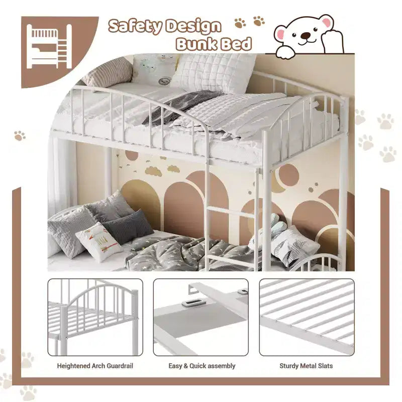Metal Bunk Bed Twin Over Twin, Heavy Duty Bunkbeds Frame with Arched Guardrail and Safety Ladder, Steel Bed for Kids , No Box Spring Needed, Pink