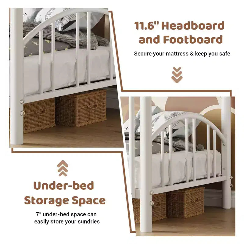 Metal Bunk Bed Twin Over Twin, Heavy Duty Bunkbeds Frame with Arched Guardrail and Safety Ladder, Steel Bed for Kids , No Box Spring Needed, Pink