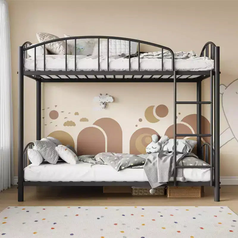 Metal Bunk Bed Twin Over Twin, Heavy Duty Bunkbeds Frame with Arched Guardrail and Safety Ladder, Steel Bed for Kids , No Box Spring Needed, Pink