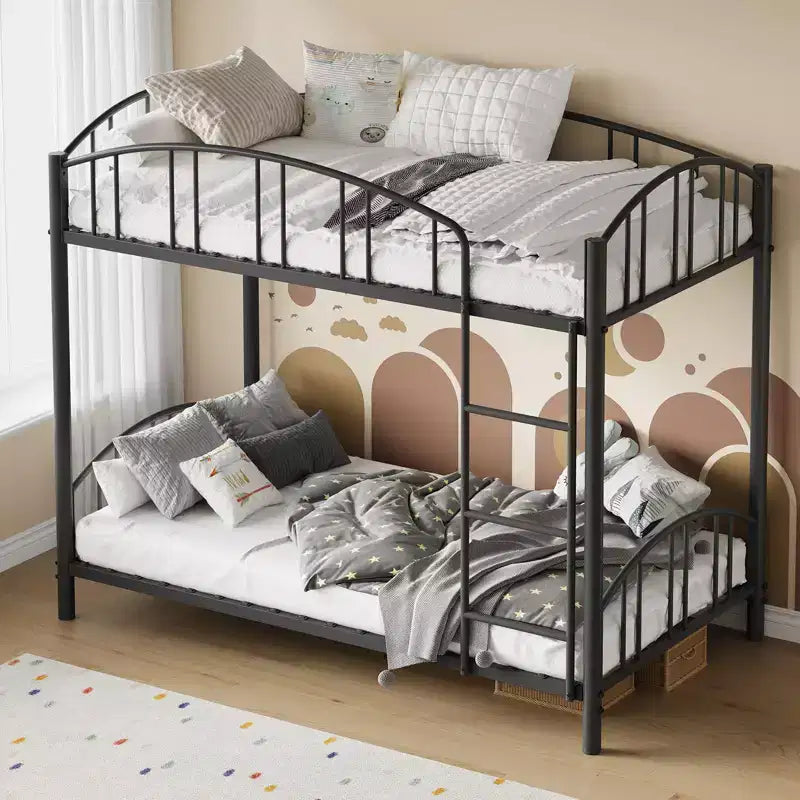Metal Bunk Bed Twin Over Twin, Heavy Duty Bunkbeds Frame with Arched Guardrail and Safety Ladder, Steel Bed for Kids , No Box Spring Needed, Pink