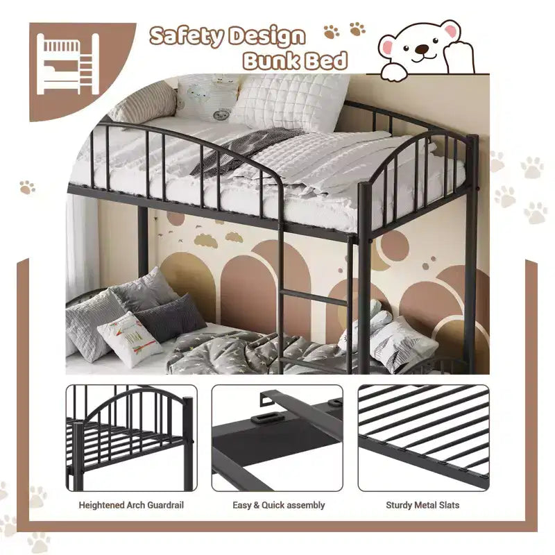 Metal Bunk Bed Twin Over Twin, Heavy Duty Bunkbeds Frame with Arched Guardrail and Safety Ladder, Steel Bed for Kids , No Box Spring Needed, Pink