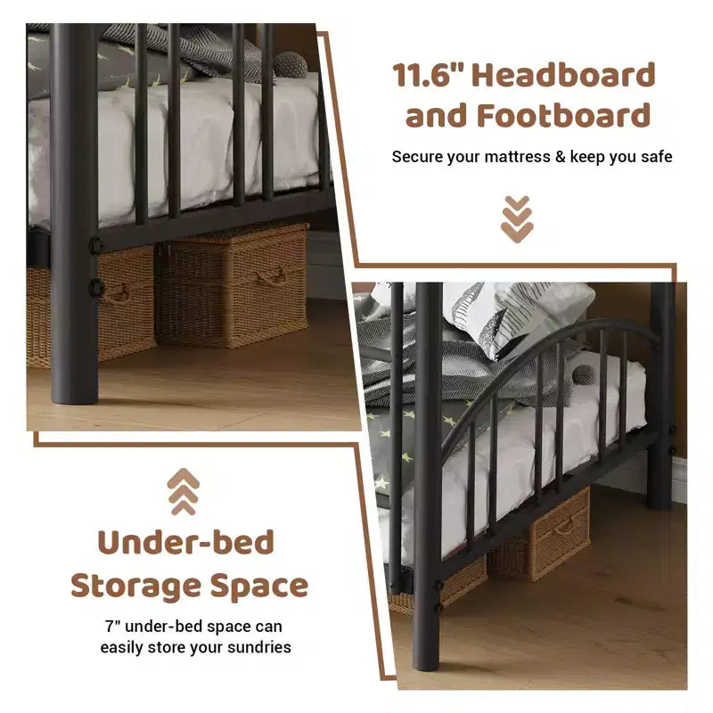 Metal Bunk Bed Twin Over Twin, Heavy Duty Bunkbeds Frame with Arched Guardrail and Safety Ladder, Steel Bed for Kids , No Box Spring Needed, Pink