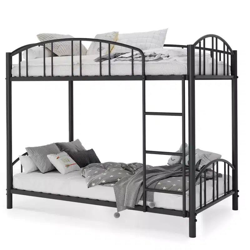 Metal Bunk Bed Twin Over Twin, Heavy Duty Bunkbeds Frame with Arched Guardrail and Safety Ladder, Steel Bed for Kids , No Box Spring Needed, Pink