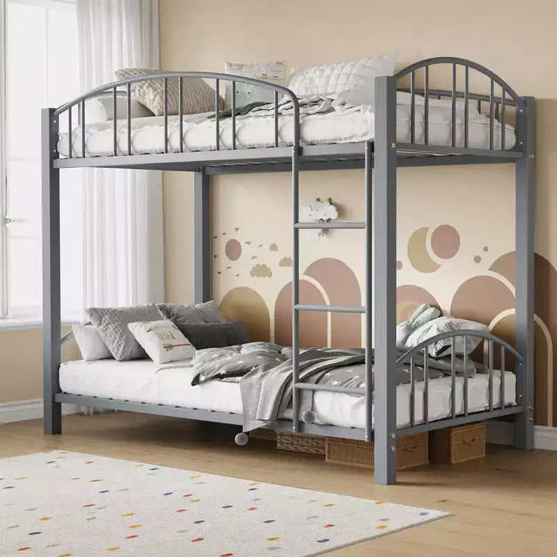Metal Bunk Bed Twin Over Twin, Heavy Duty Bunkbeds Frame with Arched Guardrail and Safety Ladder, Steel Bed for Kids , No Box Spring Needed, Pink