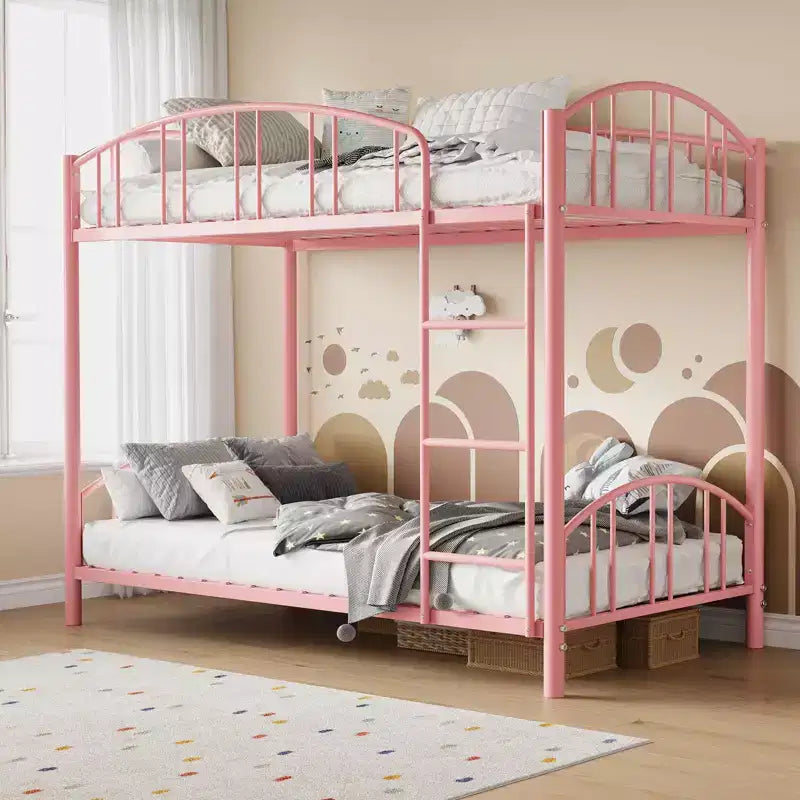 Metal Bunk Bed Twin Over Twin, Heavy Duty Bunkbeds Frame with Arched Guardrail and Safety Ladder, Steel Bed for Kids , No Box Spring Needed, Pink
