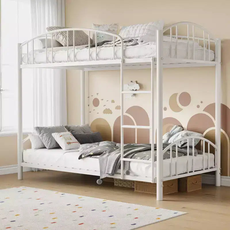 Metal Bunk Bed Twin Over Twin, Heavy Duty Bunkbeds Frame with Arched Guardrail and Safety Ladder, Steel Bed for Kids , No Box Spring Needed, Pink