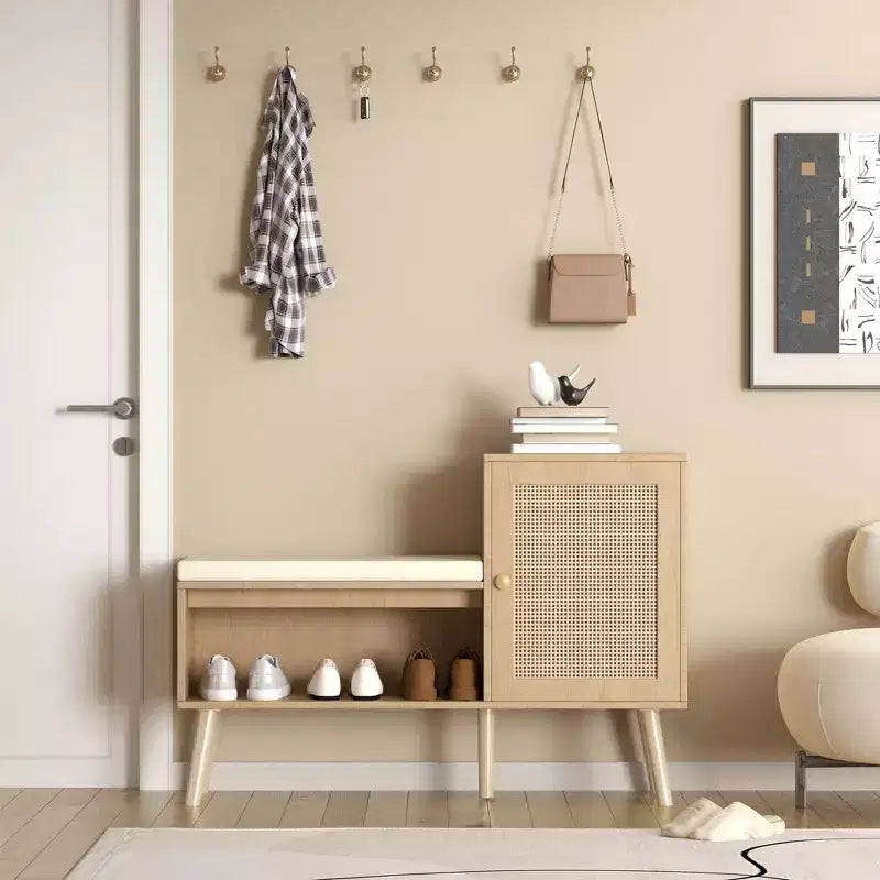 TUYOHW Boho Style PP Rattan Shoe Bench with Shelf and 1 Door,Modern Entryway Storage Bench with Removable Cushion for Hallway and Bedroom,Natural