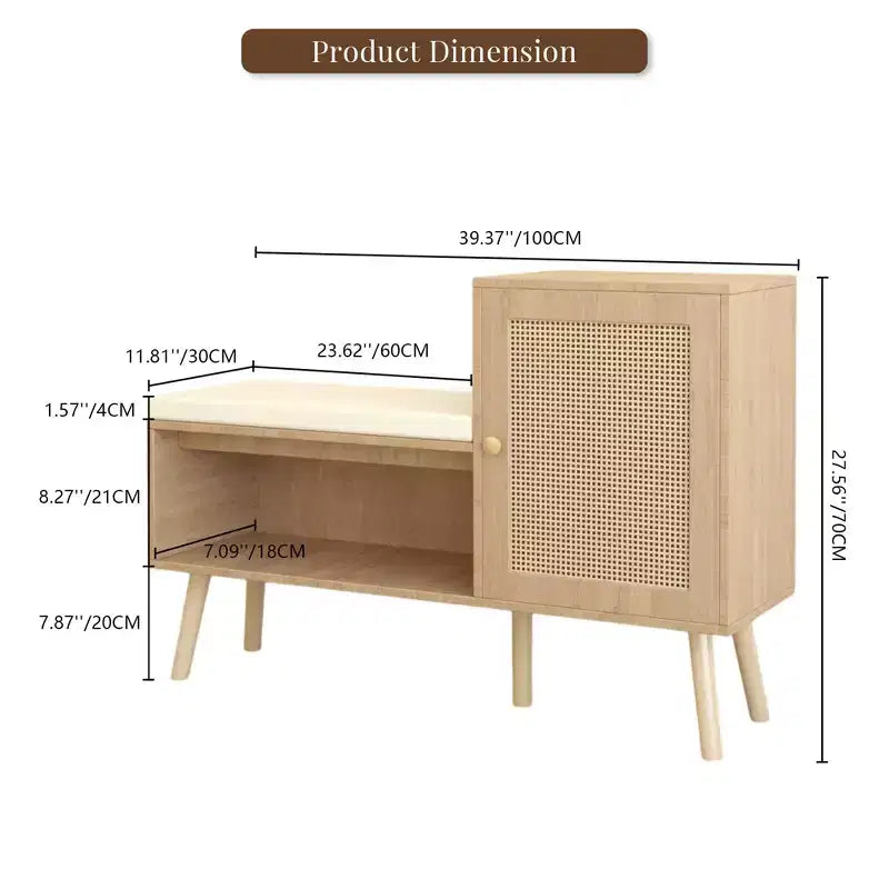 TUYOHW Boho Style PP Rattan Shoe Bench with Shelf and 1 Door,Modern Entryway Storage Bench with Removable Cushion for Hallway and Bedroom,Natural