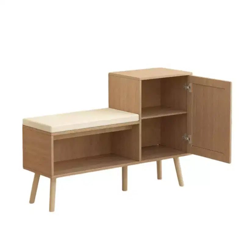 TUYOHW Boho Style PP Rattan Shoe Bench with Shelf and 1 Door,Modern Entryway Storage Bench with Removable Cushion for Hallway and Bedroom,Natural