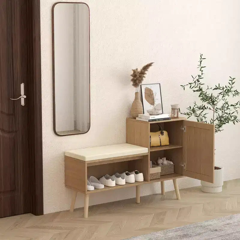 TUYOHW Boho Style PP Rattan Shoe Bench with Shelf and 1 Door,Modern Entryway Storage Bench with Removable Cushion for Hallway and Bedroom,Natural
